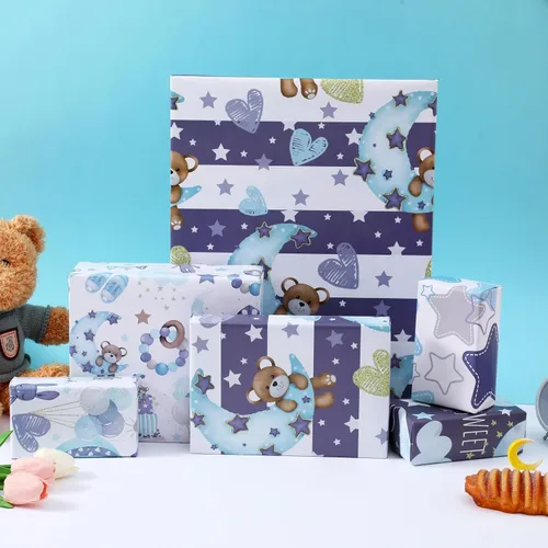 Miniatura 2 de Dtiafu Papel de regalo para baby shower para bebé niño – 12 hojas de papel de regalo azul bebé con patrón de oso estrella, pastel, luna y dulces