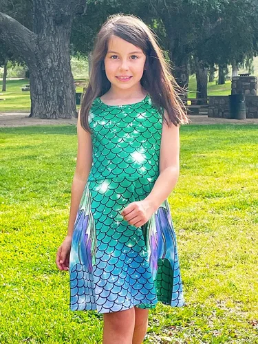 Miniatura 5 de Funnycokid Girls Mermaid Dress Kids Summer Sleeveless Dresses Birthday Sundress Swing Outfit 4-13 Years