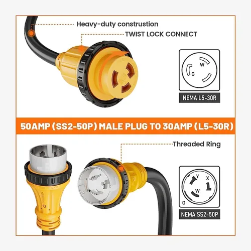 Miniatura 2 de MECMO Cable adaptador de corriente marina de 50 amperios a 30 amperios, enchufe marino 50A SS2-50P a L5-30R RV 30A Receptáculo hembra adaptador