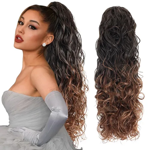 Miniatura 12 de Extensiones de cabello ombré 1B/27, cola de caballo para mujeres negras, extensiones de cola de caballo largas onduladas con cordón, extensiones