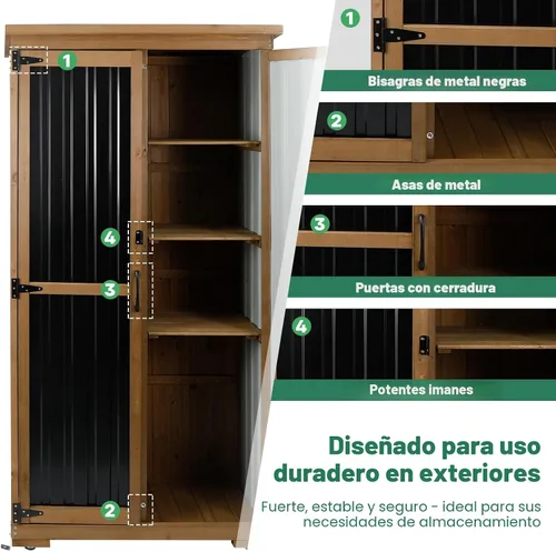 Miniatura 5 de Ketive Gabinete de almacenamiento para exteriores, armario alto de jardín para herramientas con techo resistente a la intemperie, puertas con doble