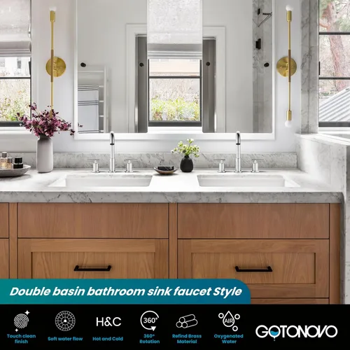 Miniatura 2 de gotonovo llave de lavabo de 3 agujeros y 2 asas para lavabo de baño con llave de drenaje emergente con válvulas mezcladoras de agua caliente y fría