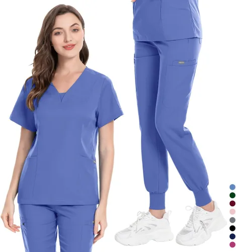 Miniatura 4 de niaahinn Conjunto de traje médico para mujer, moderno cuello en V + pierna con cordón, pantalones deportivos para enfermería médica (ceil, talla M)