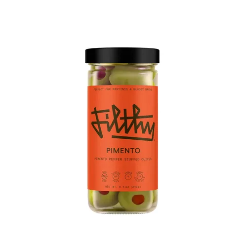 Aceitunas rellenas de pimiento de Filthy Food, guarnición premium para cócteles, aceitunas rellenas de pimiento español, no transgénico, sin gluten,