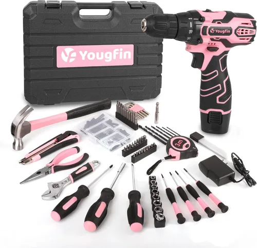 Miniatura 10 de Kit de herramientas YOUGFIN con taladro de 12V, juego de herramientas para el hogar con taladro inalámbrico para hombres, caja de herramientas