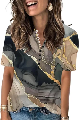 Miniatura 22 de Summer Shirts for Women 2025 Plus Size Short Sleeve Henley Tops Marble Floral Loose Tshirt Tee Casual Dressy Tunics