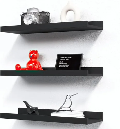 RICHER HOUSE Juego de 3 estantes flotantes para pared, estantes negros de 16 pulgadas para montar en la pared con borde para almacenamiento, estante