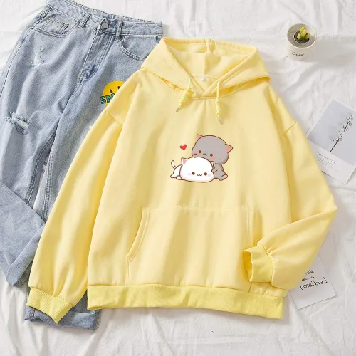 Miniatura 2 de Sudadera con capucha de algodón casual con diseño de gato de dibujos animados Kawaii para mujer