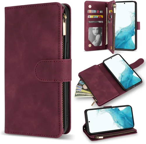 Miniatura 9 de ZZXX Funda para Samsung Galaxy S22 Plus con ranura para tarjeta, piel sintética suave de alta calidad, con cremallera, con correa para la muñeca