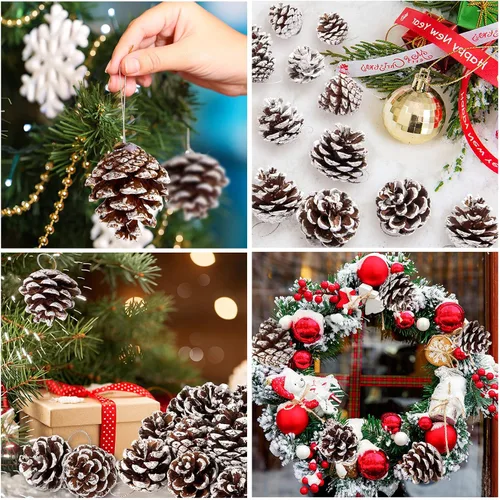 Miniatura 6 de Whaline 25 piñas de pino natural de Navidad a granel, piñas rústicas de nieve con cadena de piña, colgante de cono de pino, adorno colgante