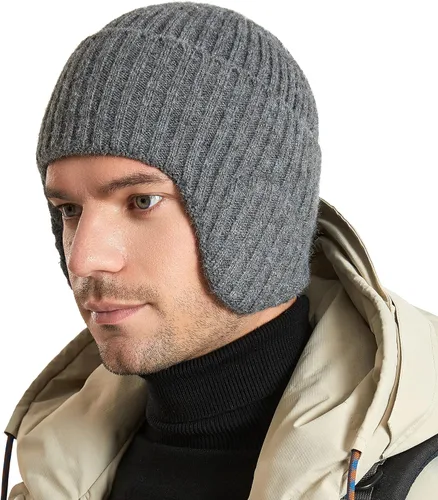 Miniatura 6 de Muryobao Gorro de invierno para hombre, con puños y orejeras, tejido elástico, gorro de punto para esquí