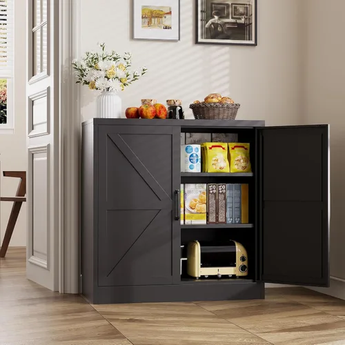 Miniatura 2 de Armario de almacenamiento negro con puertas y estantes ajustables, gabinetes de despensa de alimentos de granja de 36 pulgadas de alto, armario
