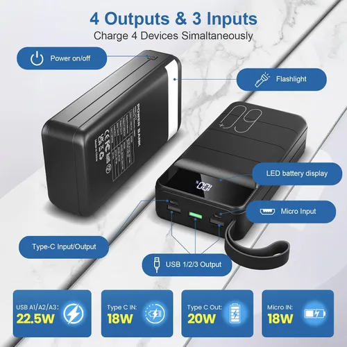 Miniatura 5 de Cargador portátil de 60000 mAh, carga rápida, 22.5 W, PD4.0 y QC 4.0 con cargador de batería USB C, cargador portátil de alta capacidad, cargador