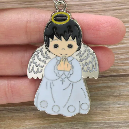 Miniatura 2 de Llavero de bautismo de primera comunión (12 piezas) niño ángel con bolsas decoradas de organza/Recuerdos para Primera Comunión BAUTIZO Niño Oro