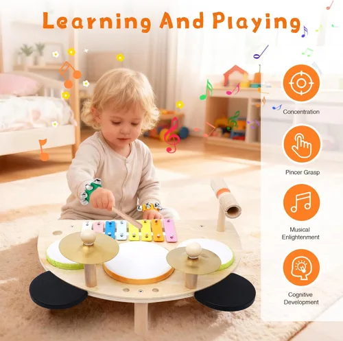 Miniatura 5 de Juego de batería para niños, instrumentos musicales Montessori para niños pequeños de 1 a 6 años, juguetes de madera, mesa de música Montessori, kit