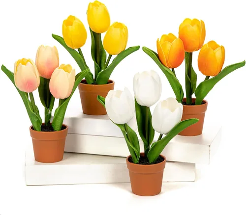 Miniatura 8 de 24 tulipanes rosas – Flores artificiales – Tulipanes artificiales de 13.5 pulgadas para el día de la madre, jarrón, centros de mesa, hogar, ramo