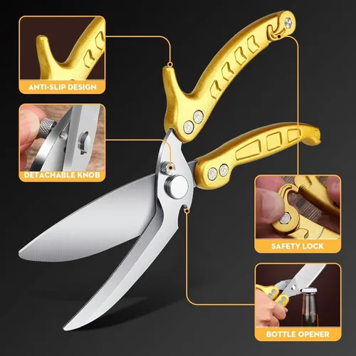 Miniatura 4 de Dream Reach Tijeras para aves de corral, Alemania, tijeras de cocina resistentes con cuchillo, abridor de botellas, caja de regalo, tijeras