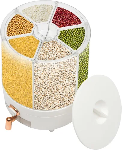 Miniatura 10 de Dispensador de arroz de 6 rejillas de 14 libras, dispensador de alimentos secos giratorio de 360°, dispensador de cereales de cocina, recipiente