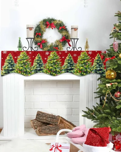 Miniatura 4 de Red Christmas Fireplace Mantel Scarf Cover, Winter Pine Tree Snowflakes Xmas Mantel Shelf Top Scarf Christmas Runners for Fireplace Christmas Decor
