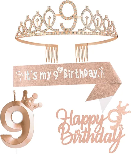Miniatura 16 de Decoraciones de cumpleaños número 7 para niña, que incluyen corona/tiara de cumpleaños número 7, banda, adorno para pastel de cumpleaños y velas