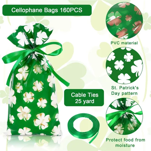 Miniatura 3 de Whaline 160 bolsas de celofán del día de San Patricio, trébol de trébol, caramelos, bolsas de celofán, bolsas de plástico con cinta verde