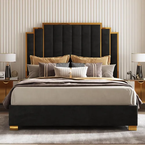 Miniatura 19 de AMERLIFE Cama tapizada tamaño Queen, marco de cama de terciopelo moderno con cabecera de ribete dorado de 61.4 pulgadas de alto, no necesita somier