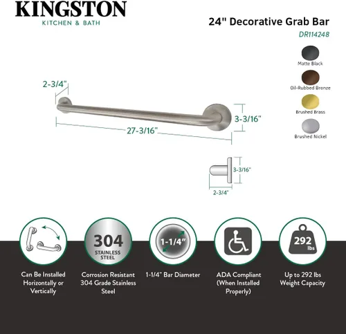 Miniatura 8 de Kingston Brass DR114245 Designer Trimscape Americana Decor - Barra de agarre de 24 pulgadas con diámetro exterior de 1.25 pulgadas, bronce aceitado