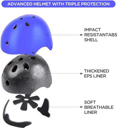 Miniatura 2 de Casco ajustable para niños con rodilleras, coderas y muñequeras - Cascos de bicicleta para niños pequeños de 3-5, 5-8, 8-14 años - Perfecto para Azul