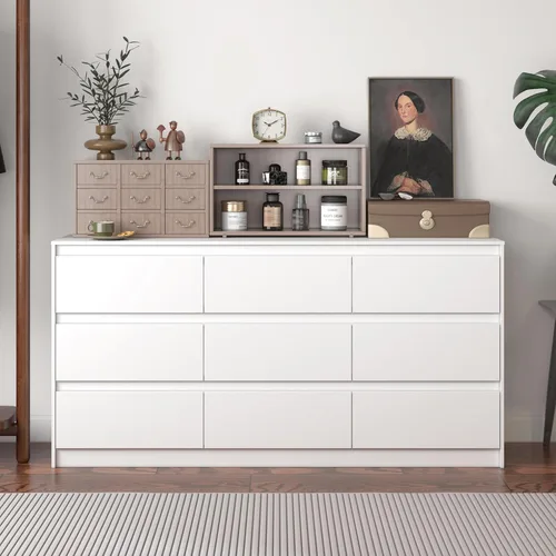 Miniatura 9 de Cómoda de 9 cajones para dormitorio con cajones profundos, cómodas grandes de piso de madera y cajoneras sin manijas, cómodas largas negras modernas