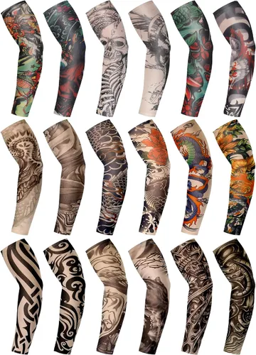 Miniatura 8 de Geyoga 18 piezas de mangas temporales de tatuaje para hombres mangas de brazo de enfriamiento protección UV sol antideslizante brazo cubierta
