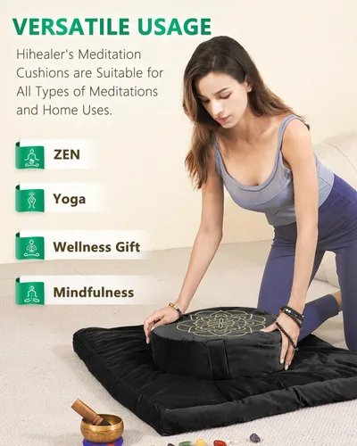 Miniatura 4 de Juego de cojín de meditación Hihealer grande de terciopelo para piso y cojín de yoga tibetano tradicional para adultos Zafu con relleno de trigo