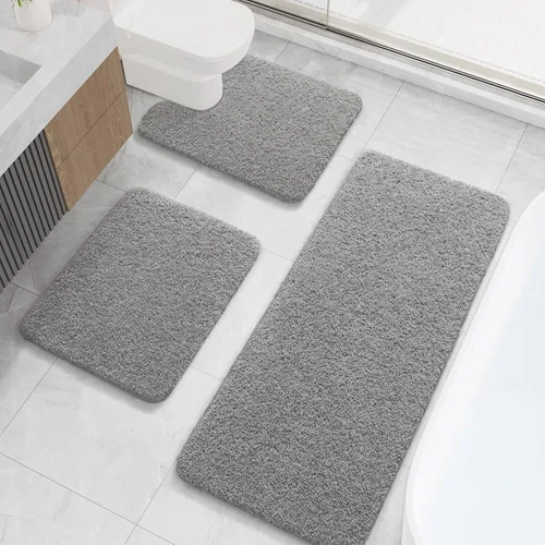 LOCHAS Juego de alfombras de baño de 3 piezas, juego de alfombras de baño largas de microfibra antideslizantes, lavables, juego de alfombras de Gris