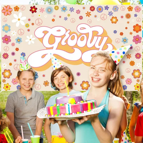 Miniatura 4 de Groovy - Pancarta de fondo para fiesta de cumpleaños, 6 x 3.6 pies, hippie para decoración de cumpleaños, diseño de margaritas, decoración bohemia