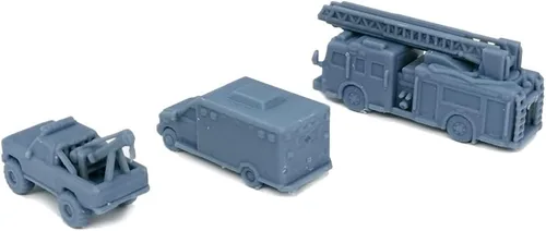 Miniatura 2 de Outland Models Juego de camiones de rescate de paisajes de ferrocarril: Camión de incendios/ambulancia/remolque Escala 1:160 N