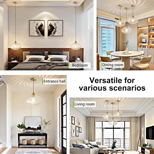 Miniatura 5 de Glass Pendant Lights Kitchen Island, 11'' Brass Gold Pendant Lighting Fixtures, Modern Hanging Ceiling Light with Striped Clear Glass Shade for