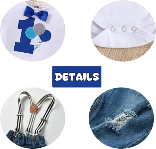 Miniatura 31 de Conjunto de ropa de cumpleaños para bebé niño pequeño, con tirantes, pantalones de mezclilla rasgados
