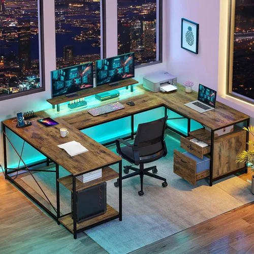 DWVO Escritorio en forma de U con cajones, escritorio reversible en forma de L de 79 pulgadas con tomas de corriente y luces LED, escritorio de