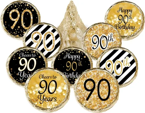 Etiquetas de recuerdo de fiesta de 90 cumpleaños negras y doradas - 180 calcomanías