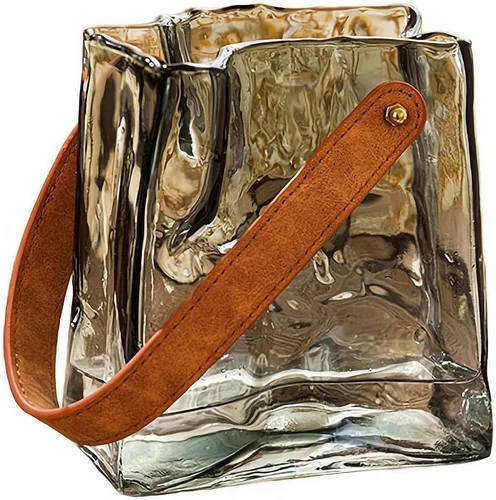 Miniatura 10 de Jarrón de cristal para flores, jarrones transparentes para centros de mesa, florero de bolsa con mango de cuero para decoración de bodas