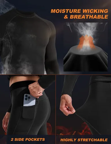 Miniatura 5 de Heathyoga Conjunto de ropa interior térmica para hombre, con forro polar, capa base, parte superior, ropa interior térmica de invierno para hombre