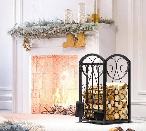 Miniatura 2 de Kingson Estante para leña con soportes de madera para interior, estante de herramientas para chimenea al aire libre, estante de leña, almacenamiento
