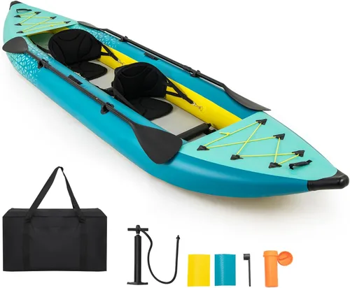 Miniatura 10 de GYMAX Kayak inflable, kayak tándem de 12.5 pies y 507 libras con 2 remos de aluminio, 2 asientos acolchados, reposapiés, 2 aletas, bomba de mano