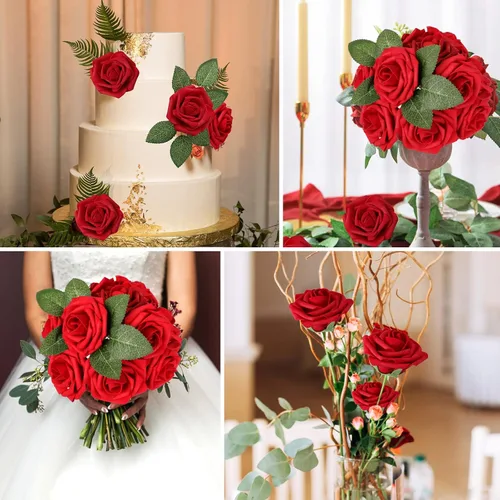 Miniatura 3 de AmyHomie Flores artificiales rosas rojas, 25 rosas falsas de aspecto real con tallo para ramos de boda, centros de mesa, arreglos de fiesta, baby