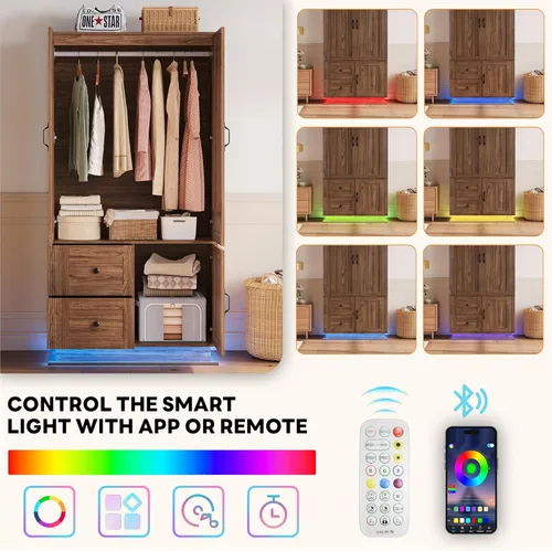 Miniatura 4 de LIKIMIO Armario de granja con puertas, armario de dormitorio de 70 pulgadas con luces LED y barra para colgar, armario grande de madera con 2 Nogal