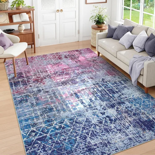 Miniatura 11 de Zealude - Alfombras abstractas boho azul rosa para dormitorio de niñas y niños, alfombra lavable de 8 x 10 pies para sala de estar y comedor