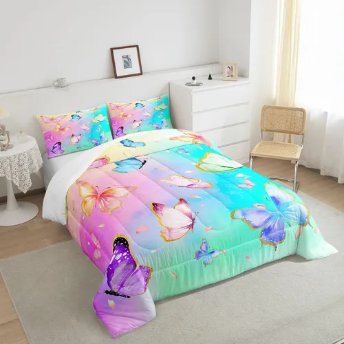Miniatura 4 de Erosebridal Juego de ropa de cama con diseño de mariposas de dibujos animados, decoración de habitación de niñas, animales salvajes, mariposas rosas
