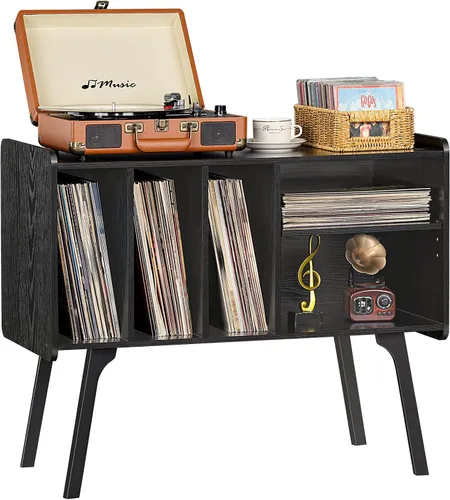 Lerliuo Soporte para tocadiscos con 4 gabinetes con capacidad para hasta 220 álbumes, soporte giratorio grande negro con patas de madera de haya,
