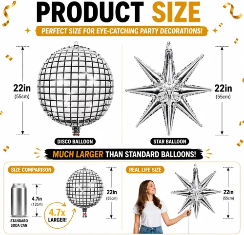 Miniatura 3 de 8 globos plateados de 22 pulgadas, globos de aluminio grandes 4D con estrella metálica para discoteca de los años 70, fiesta de cumpleaños, Plata 8