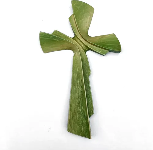 Miniatura 2 de Cruz tallada a mano de madera para decoración de pared, arte de pared de crucifijo grande hecho a mano (11.81 pulgadas, verde)