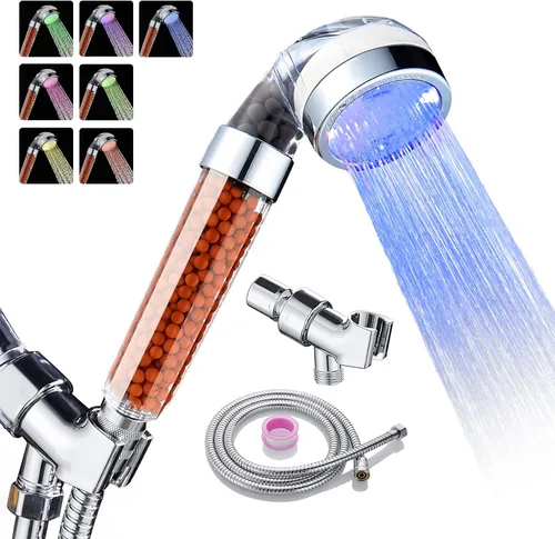 Miniatura 7 de Cobbe Cabezal de ducha LED filtrado con mano, cambio de color, cabezal de ducha de alta presión con filtro, cabezal de ducha de mano con rociador